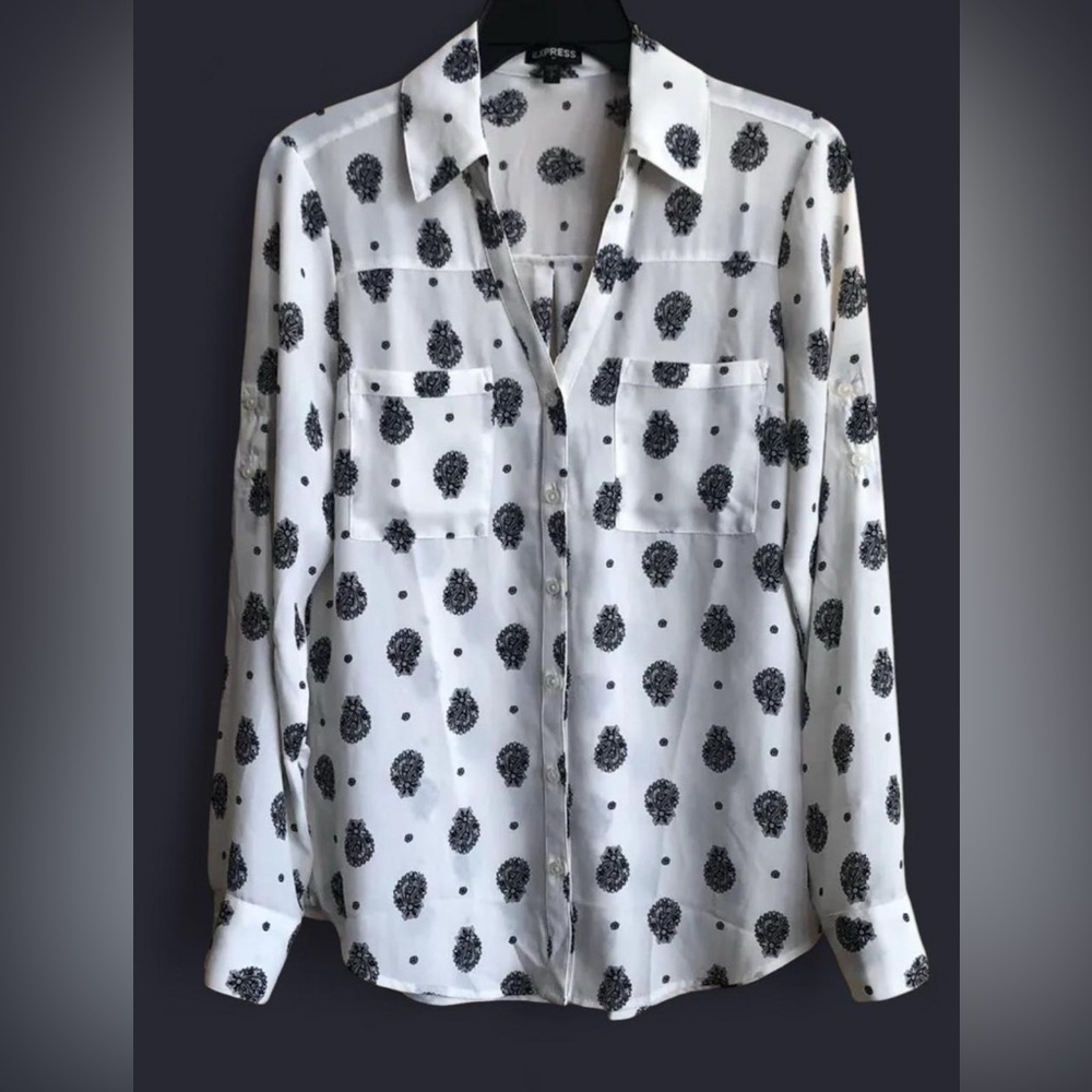 Express Portofino Shirt Black & White Paisley Button Up Size XS (Fits Small)